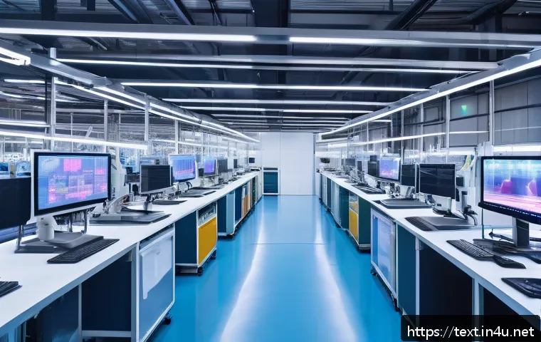 섬유기사와 기술 발전 - A futuristic smart textile factory interior showcasing automated robotic arms assembling wearable sm...