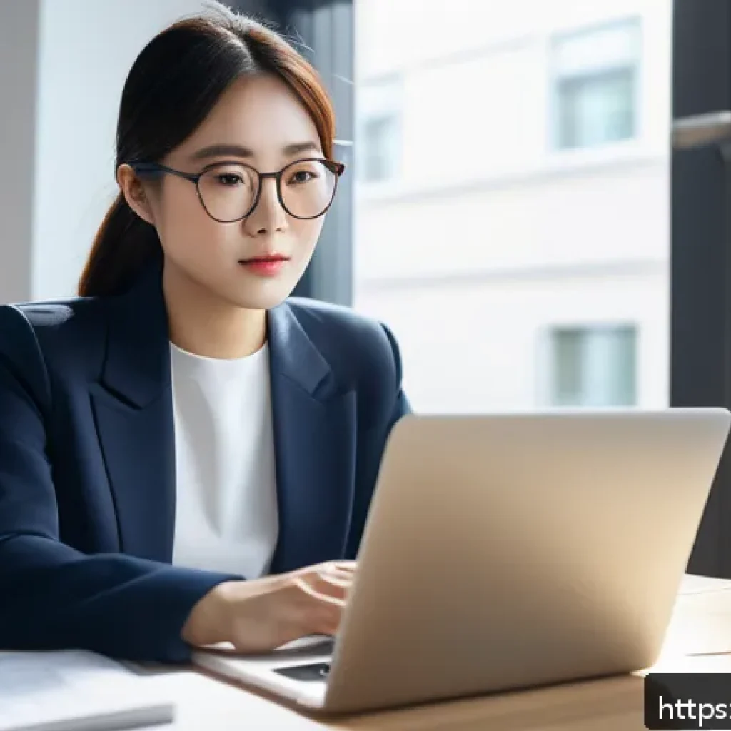 섬유기사와 직장 내 커뮤니케이션 - A professional office scene showing a focused adult woman studying online for a certification exam o...