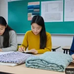 섬유기사와 시험 출제 경향 - A detailed and realistic classroom scene showing a diverse group of young adult students attentively...