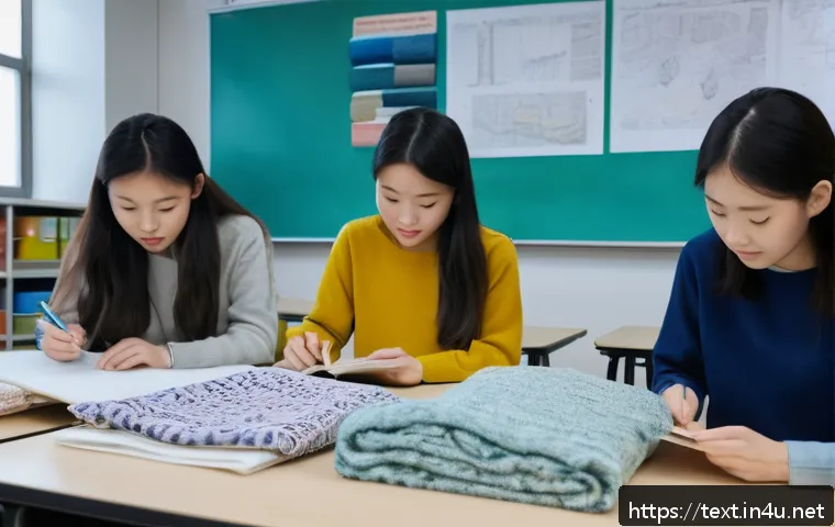 섬유기사와 시험 출제 경향 - A detailed and realistic classroom scene showing a diverse group of young adult students attentively...