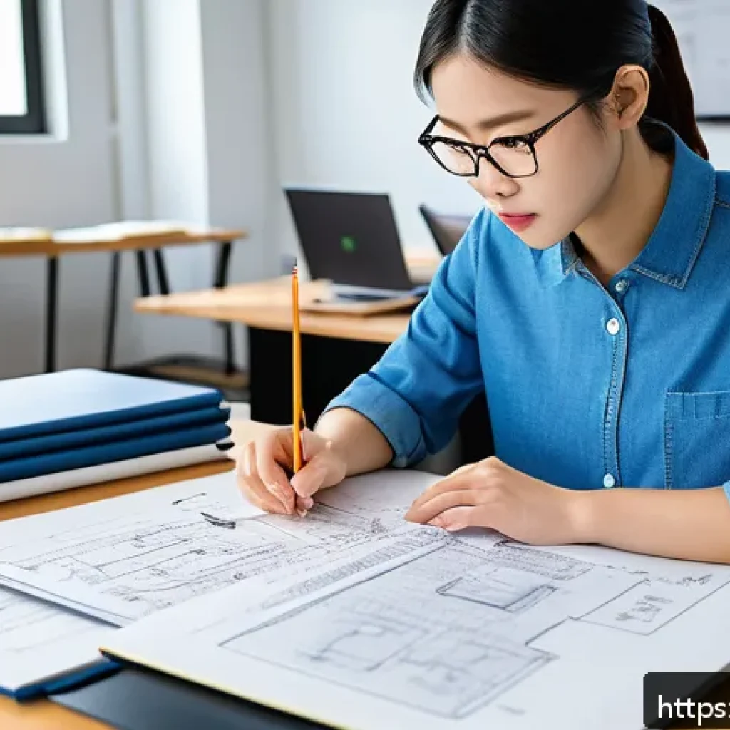 섬유기사 시험 합격률 - A detailed educational scene showing a young professional studying textile engineering concepts at a...