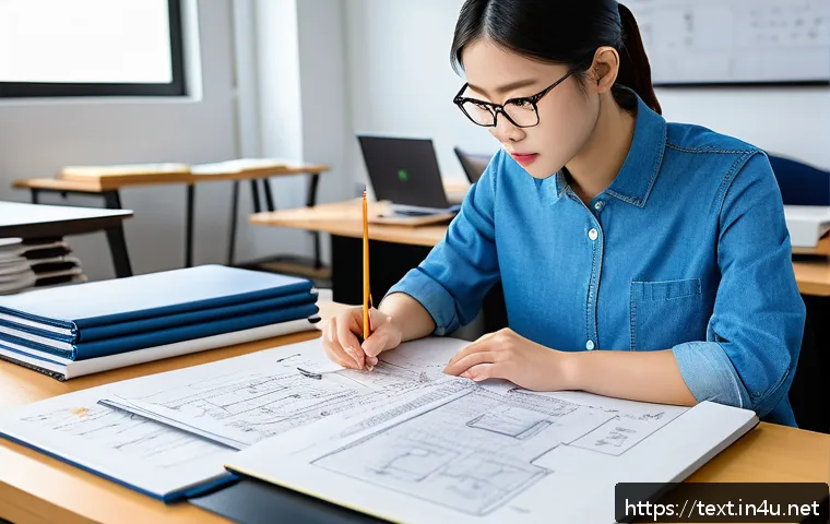 섬유기사 시험 합격률 - A detailed educational scene showing a young professional studying textile engineering concepts at a...
