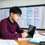 섬유기사 시험 출제 유형 분석 - A detailed study scene showing a young adult student sitting at a desk filled with textbooks and not...