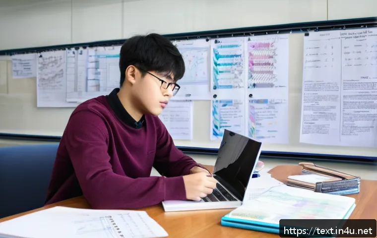 섬유기사 시험 출제 유형 분석 - A detailed study scene showing a young adult student sitting at a desk filled with textbooks and not...