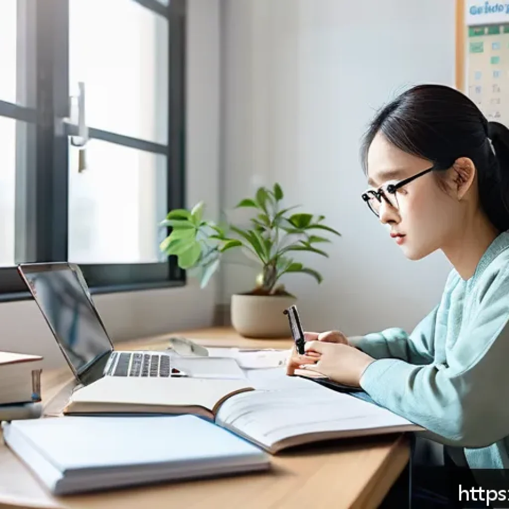 섬유기사 시험 비용 - A focused study scene showing a young adult sitting at a tidy desk with a laptop open to an online l...