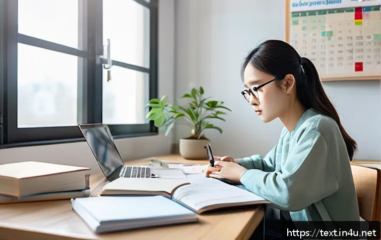 섬유기사 시험 비용 - A focused study scene showing a young adult sitting at a tidy desk with a laptop open to an online l...