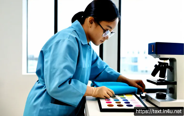 Home 17 섬유기사 자격증 수요 전망 - Photorealistic modern textile testing laboratory, a skilled textile engineer in clean protective coa...