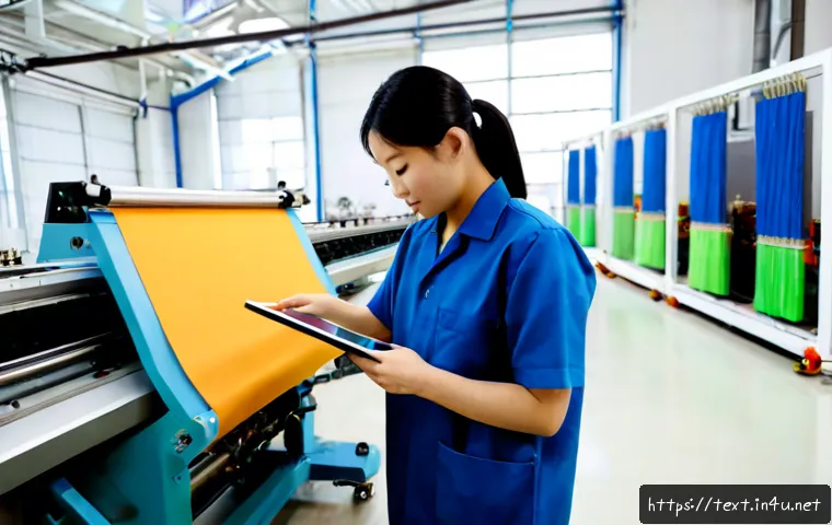 Home 17 섬유기사와 산업 기술 변화 - Photorealistic modern textile engineer in clean protective workwear inspecting a large automated wea...