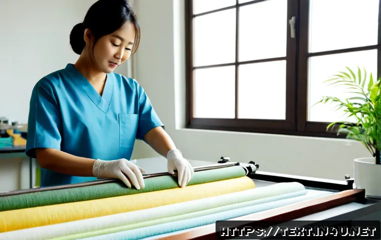 Home 17 섬유기사와 친환경 섬유 기술 - Photorealistic textile engineer in a bright modern sustainable fabric laboratory, carefully examinin...