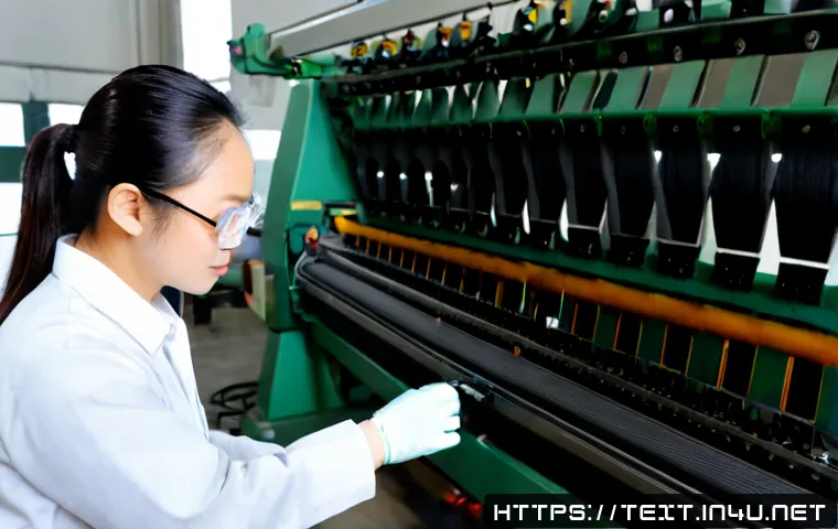 Home 17 섬유기사와 작업장 안전 - Photorealistic textile technician wearing protective glasses, ear protection, gloves, long-sleeve wo...