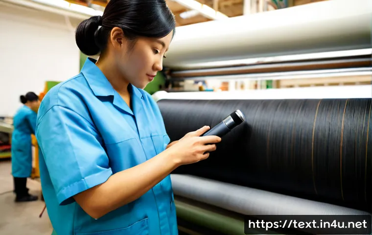 Home 17 섬유기사와 글로벌 섬유산업 - Photorealistic textile engineer in clean protective workwear examining a roll of richly textured wov...